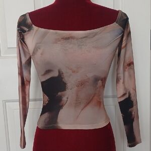 Bershka Cream and Brown Abstract Long Sleeve Top - XS